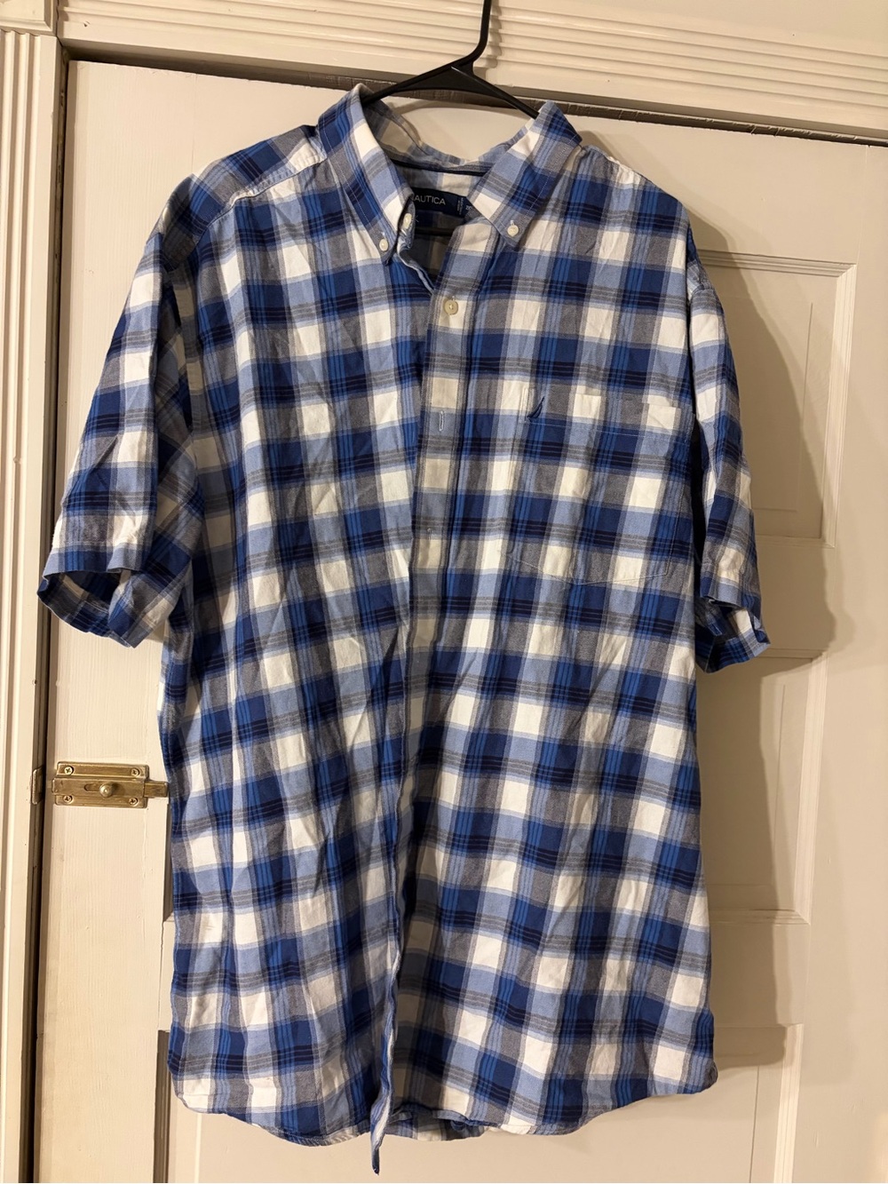 Nautica Blue & White Plaid Short Sleeve Button-Down Shirt